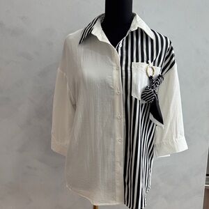 Womens Two-Tone White and Black Striped Button-Up Shirt